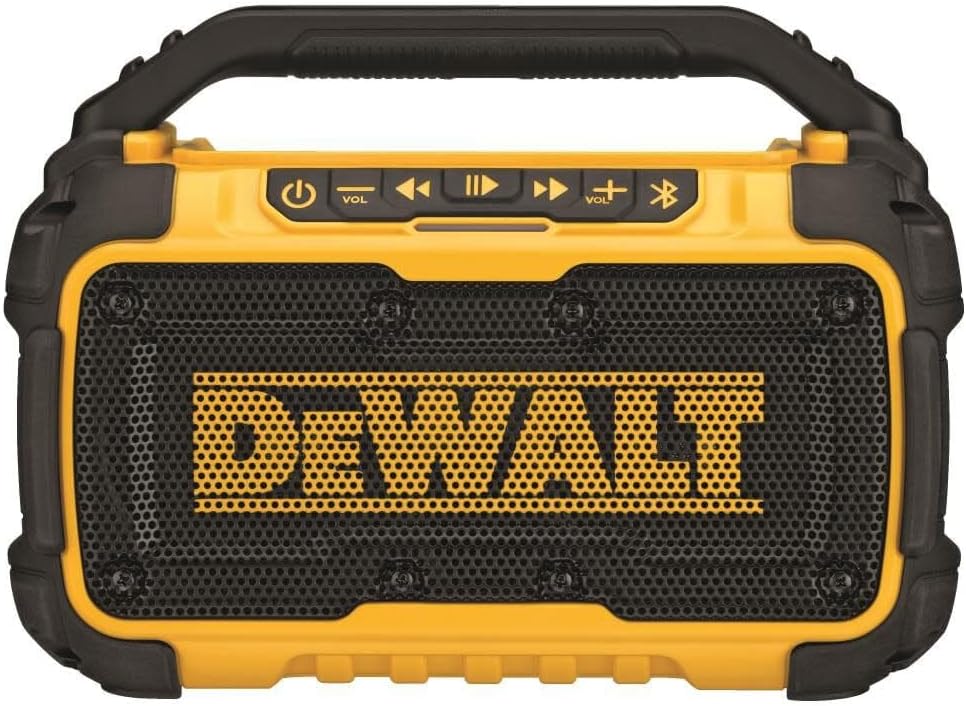 DEWALT 20V MAX Bluetooth Speaker, 100 ft Range, Durable for Jobsites, Phone Holder Included, Lasts 8-10 Hours with Single Charge (DCR010)