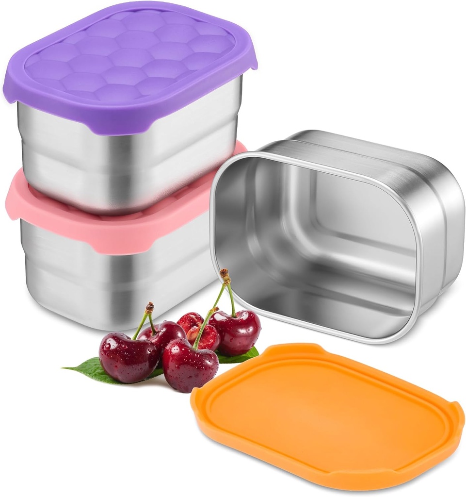 E-far Stainless Steel Snack Containers for Kids and Toddlers, 8oz Small Food Storage Container with Leak-proof Silicone Lid, Metal Child Lunch Box for School Daycare Picnic, 3 Packs, Multi-color
