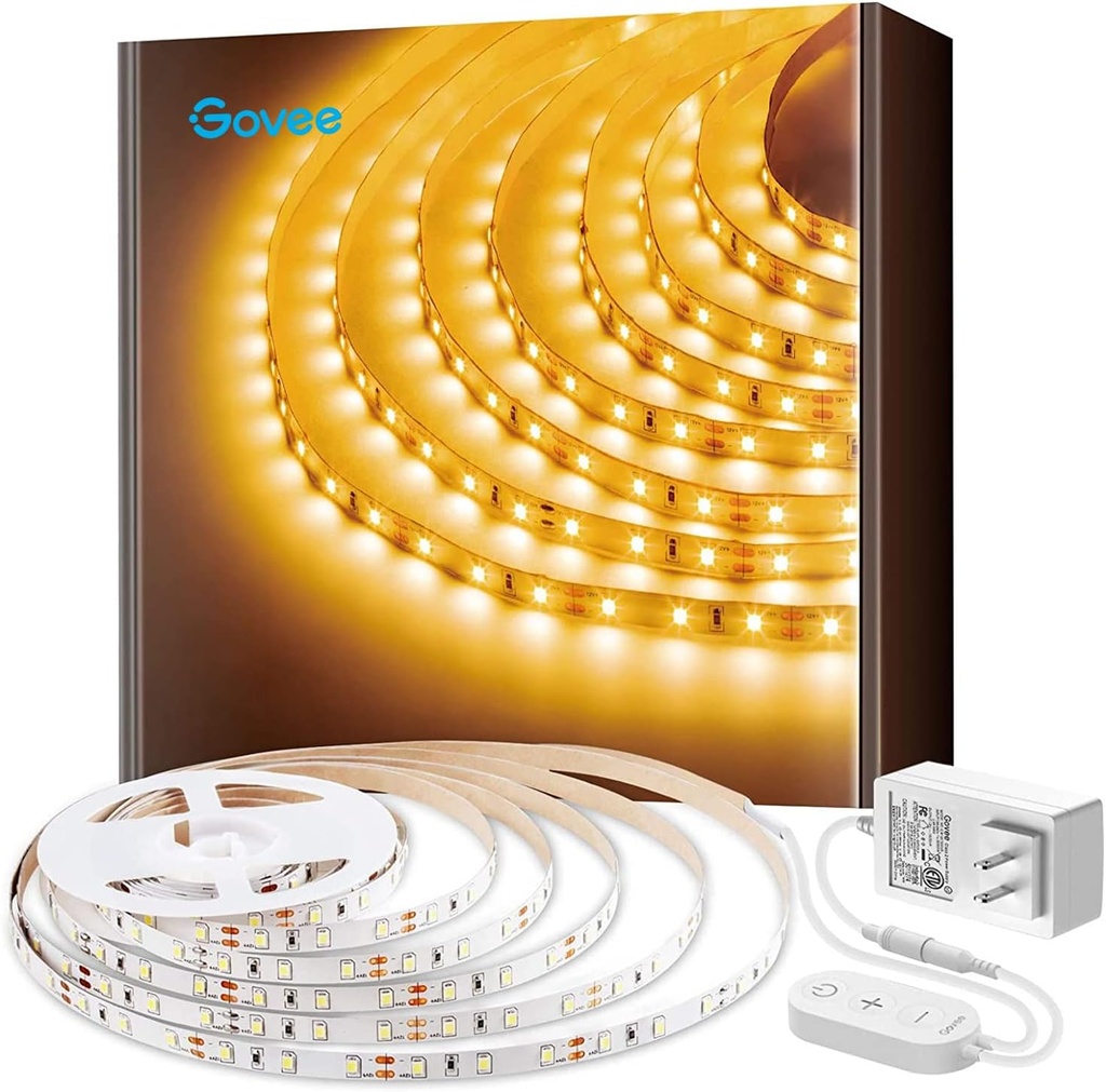 Govee Warm White LED Strip Lights, Bright 300 LEDs, 3000K Dimmable Light Strip 16.4ft with Control Box, LED Lights for Bedroom, Kitchen Cabinets, Living Room, ETL Listed Adapter Included