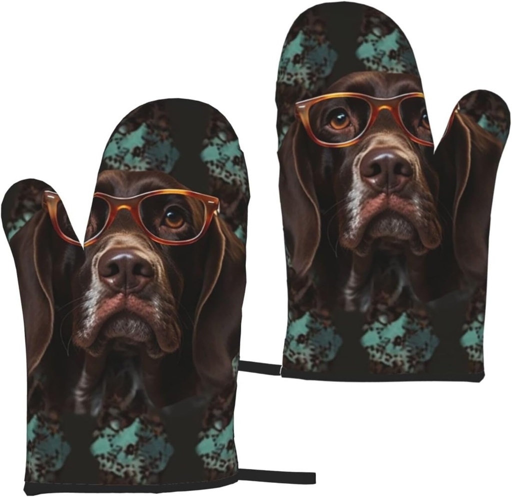 Oven Mitts Set of 2 Heat Resistant, German Shorthaired Pointer in Glasses Kitchen Oven Gloves Non-Slip Soft Lining Oven Microwave Hand Gloves for BBQ Cooking Baking, Grilling