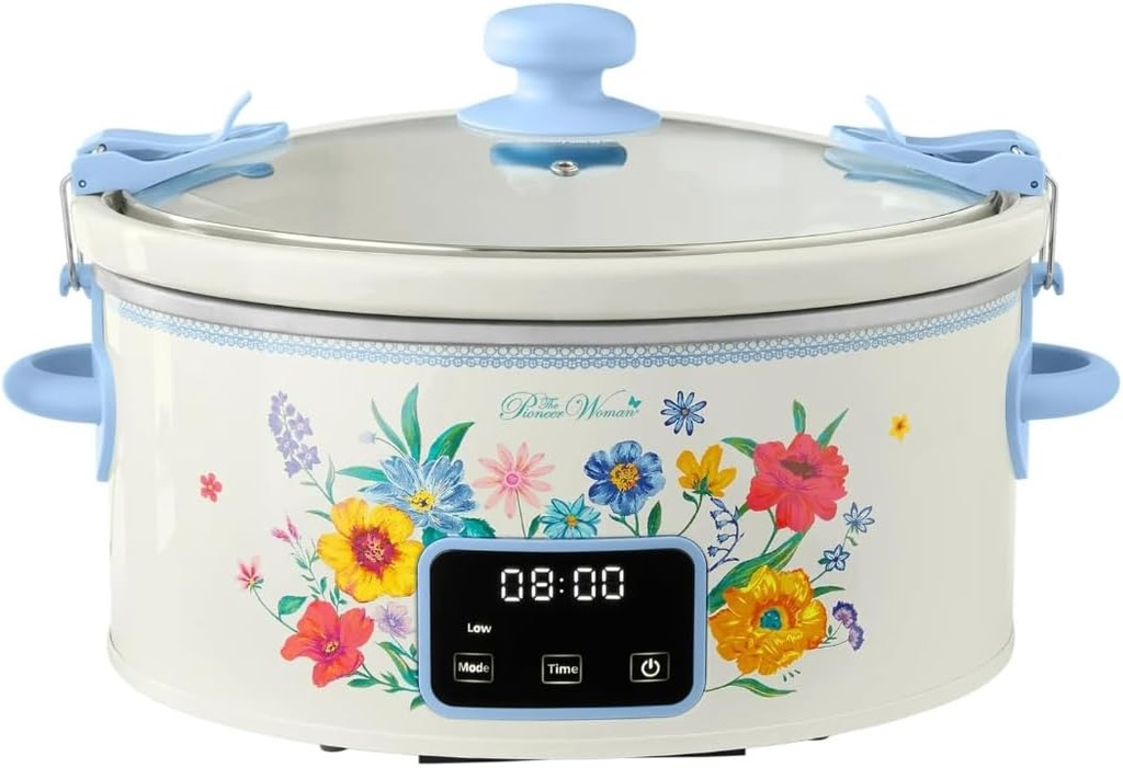The Pioneers Woman 6 Qt Digital Slow Cooker, Programmable Touchscreen, Locking Lid, High-Low-Warm Settings, Adjustable Timer, Oval Shape, 220°F Max Temp, Portable and Stylish