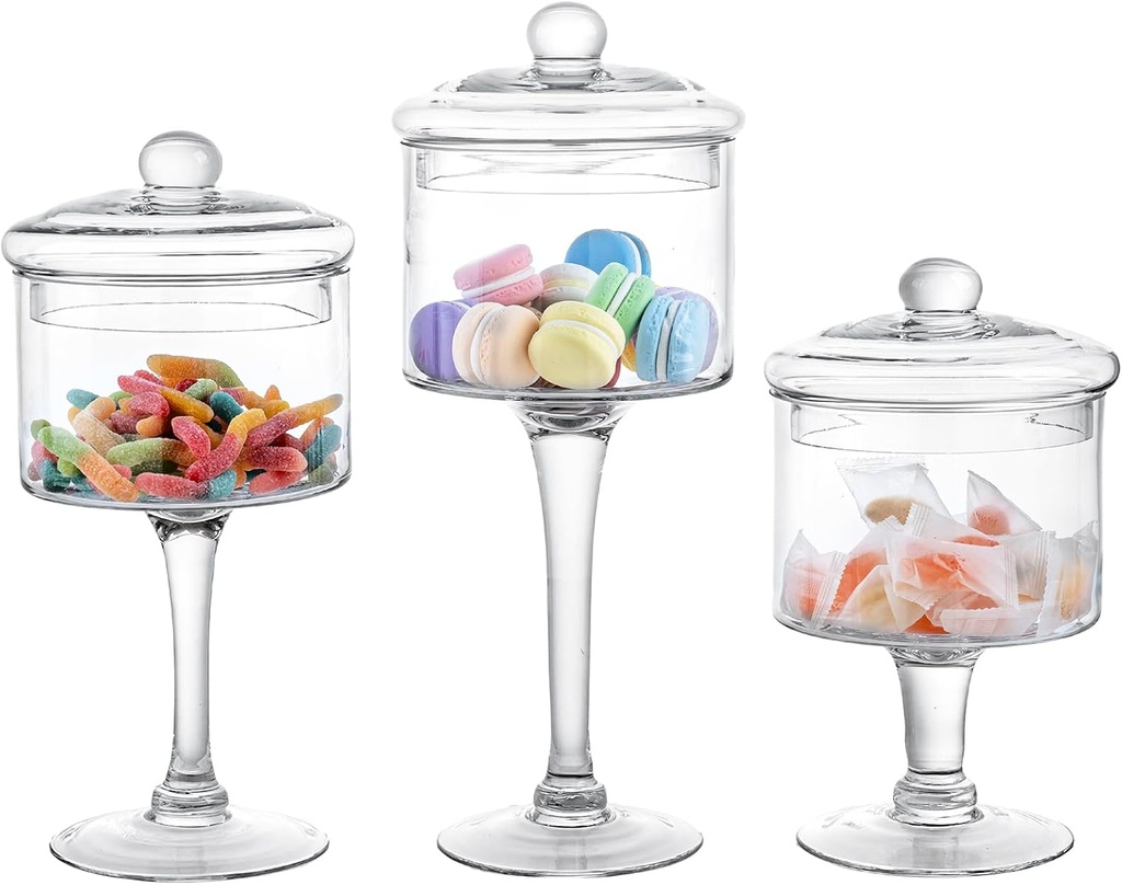MyGift 3-Piece Clear Glass Apothecary Candy Jar Set with Lids – Decorative Party Display Containers for Wedding Centerpieces, Dessert Tables, Kitchen Counter Storage, and Bathroom Décor