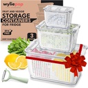 Premium Fruit Storage Containers for Fridge with Veggie Peeler – 3-in-1 Produce Containers for Fridge with Strainer & Removable Colander – Large, Clear Fruit and Vegetable Storage Organizer (Set of 3)