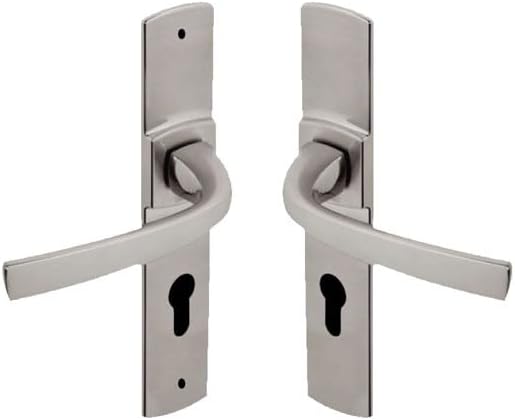 MUZE Door Handle Set on Small Plate – Key Version for Kitchen/Living Room, Distance 165 mm – Easy Installation System – Made of Durable Zamak – Platinum Finish