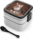 Cute Happy Kitten Bento Box Double Layer Lunch Box with Spoon And Handle All in One Stackable Lunchbox Adult Lunch Container for Women Men Work Picnic Camping