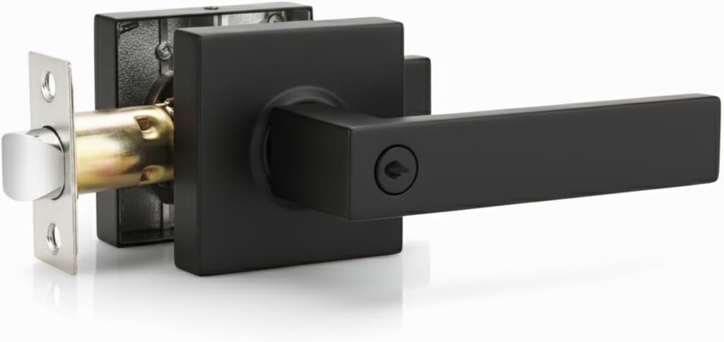 Black Door Lever with Lock and Key, Entry Door Handle Set for Bedroom Bathroom Office, Square Modern Design, Reversible for Left Right Hand, 3 Keys