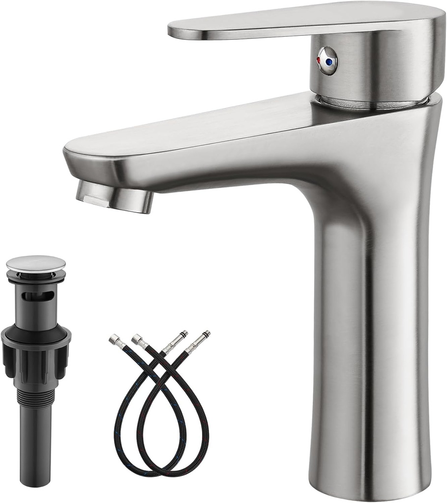 Heyalan Bathroom Faucet Single Handle 1 Hole SUS304 Stainless Steel Deck Mount Lavatory Single Switch Basin Sink Faucet with Pop Up Drain and Hot and Cold Water Mixer Brushed Nickle
