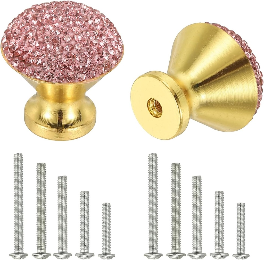 uxcell Drawer Knobs,2Pcs 1.1 Inch (28mm) Diameter Bling Diamond Decoration Cabinet Knob, Round Rhinestones Pull Handle with Screws for Home, Office, Kitchen (Gold Base + Pink Diamond)