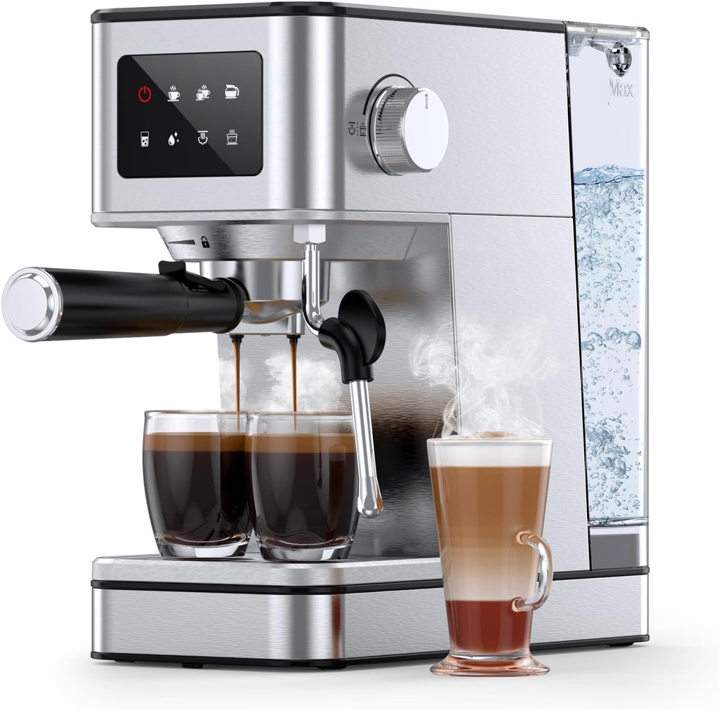 Espresso Machine with Milk Frother, 20 Bar Compact Espresso Maker with Touch Screen & 57.5oz Removable Water Tank for Home, Stainless Steel Coffee Machine for Cappuccino, Latte, Silver(2025 Model)