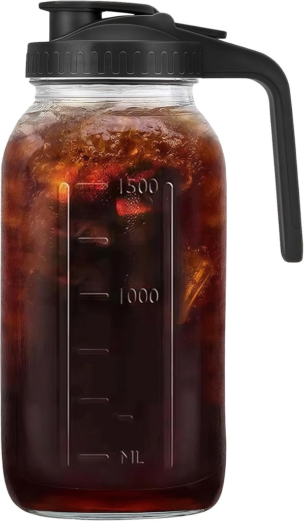 64oz Glass Pitcher with Handle and Lid, 2 Quart Mason Jar Pitcher - Airtight & Leakproof Water Jug with Pour Spout Lid, Glass Containers for Fridge, Perfect for Juice, Cold Brew, Iced & Sun Tea