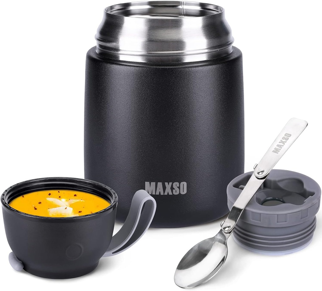 MAXSO Soup Thermo for Hot & Cold Food for Adults Kids, 17 oz Vacuum Insulated Steel Lunch Container Bento Box with Spoon, Leakproof Thermal Food Jar for School Office Travel - Black