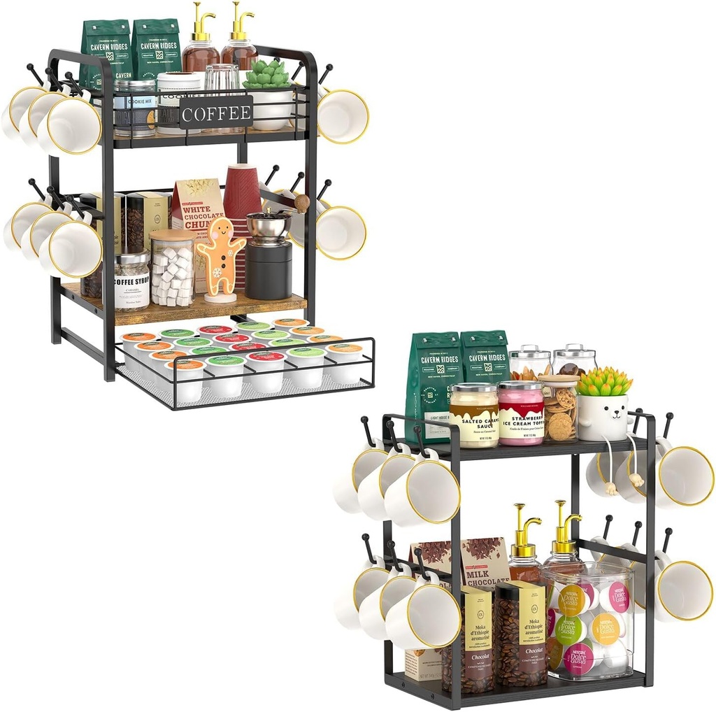 EsLuker.ly Coffee Bar Organizer Station Shelf Mug Holder for Countertop, K Cup Pod Organizer Drawer Coffee Cup Stand Rack with 12 Hooks for Home Office, Creat Stylish Coffee Corner