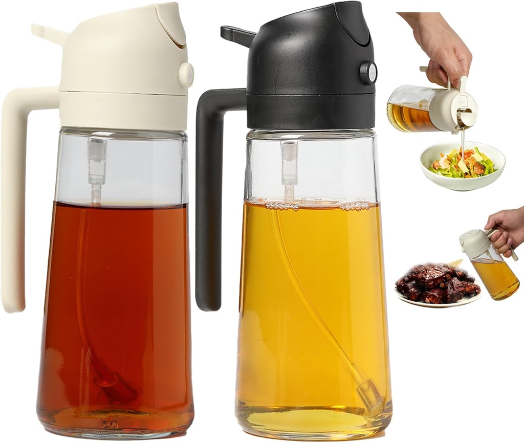 2 Pack Oil Sprayer for Cooking, 2 in 1 Olive Oil Dispenser Bottle for Kitchen, 16oz/470ml Oil Dispenser Bottle, Food-grade Glass Oil Mister for Air Fryer, Oven & Steak Frying,Black&Cream White