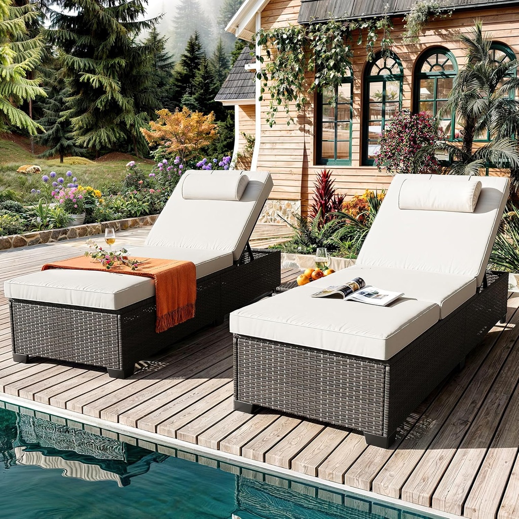 Patio Chaise Lounge Set of 2, Brown Rattan, Adjustable Backrest, Recliners with Beige Cushion