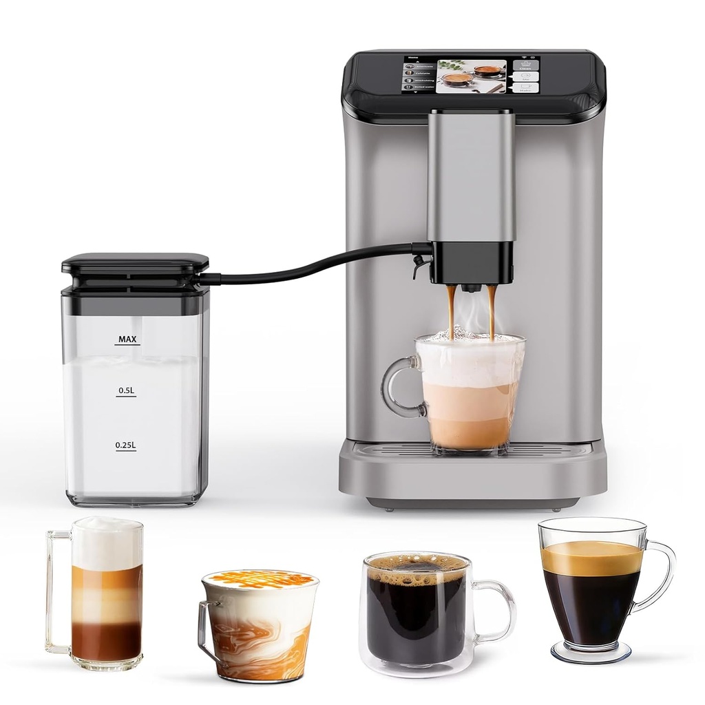 8 in 1 Automatic Espresso Machine Coffee Maker, 20 Bar Pressur & 15 Grind Settings, Cappuccino Latte Americano Machine with Milk Frother for Home/Office