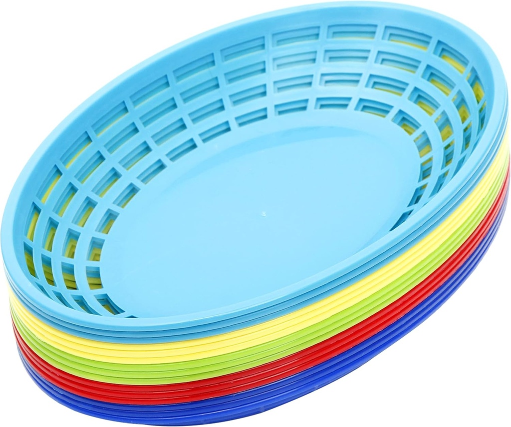 Youngever 15 Pack Plastic Fast Food Baskets, Snack Baskets for Popcorn, Chips, Snacks - 5 Assorted Colors (Oval Shape)