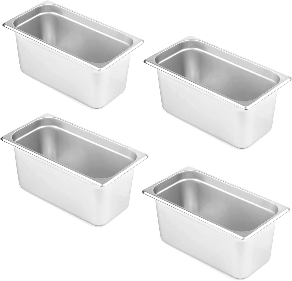 4 Pack Stainless Steel Hotel Pan, 1/2 & 1/3 Size - 4 Inch Deep Steam Table Metal Food Pan Steamer Trays for Buffet Catering Pans Metal Commercial Kitchen Pans (1/3, pcs, 4)