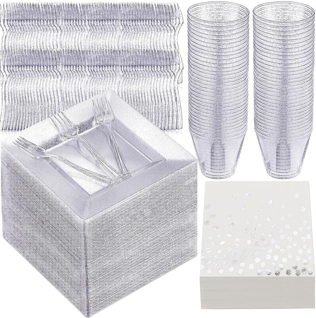 Nosiny 400 Pcs Glitter Dinnerware Set 100 Guests - Square Clear Glitter Plastic Plates Set with Cups Forks Polka Dot Paper Napkins Disposable 6.5 Inch Plates for Wedding Birthday Party(Silver)