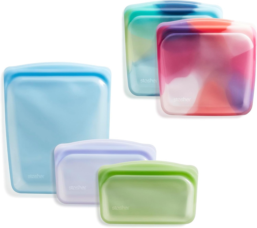 Stasher Premium Silicone Reusable Food Storage Bags, 5-Pack, Tie Dye Multi, Multi-Use Food Storage Bags, Lunch Bag, Travel Containers, BPA Free, Leak-free, Dishwasher-Safe, Eco-friendly
