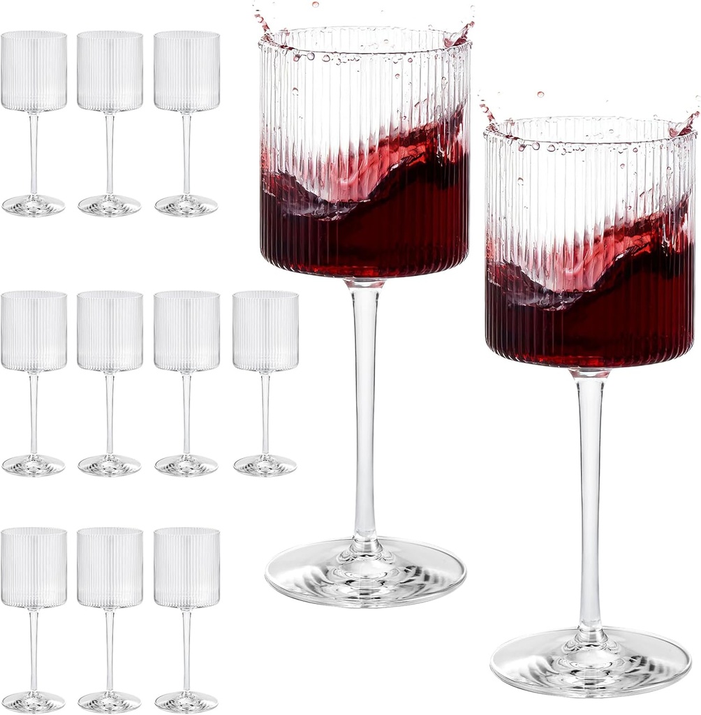 ZOMUIA 12 PCS Plastic Ribbed Wine Glasses 12 OZ Acrylic Square Wine Glasses with Stem Perfect for Wine Tasting, Weddings, Anniversaries, Christmas, Birthday Gifts