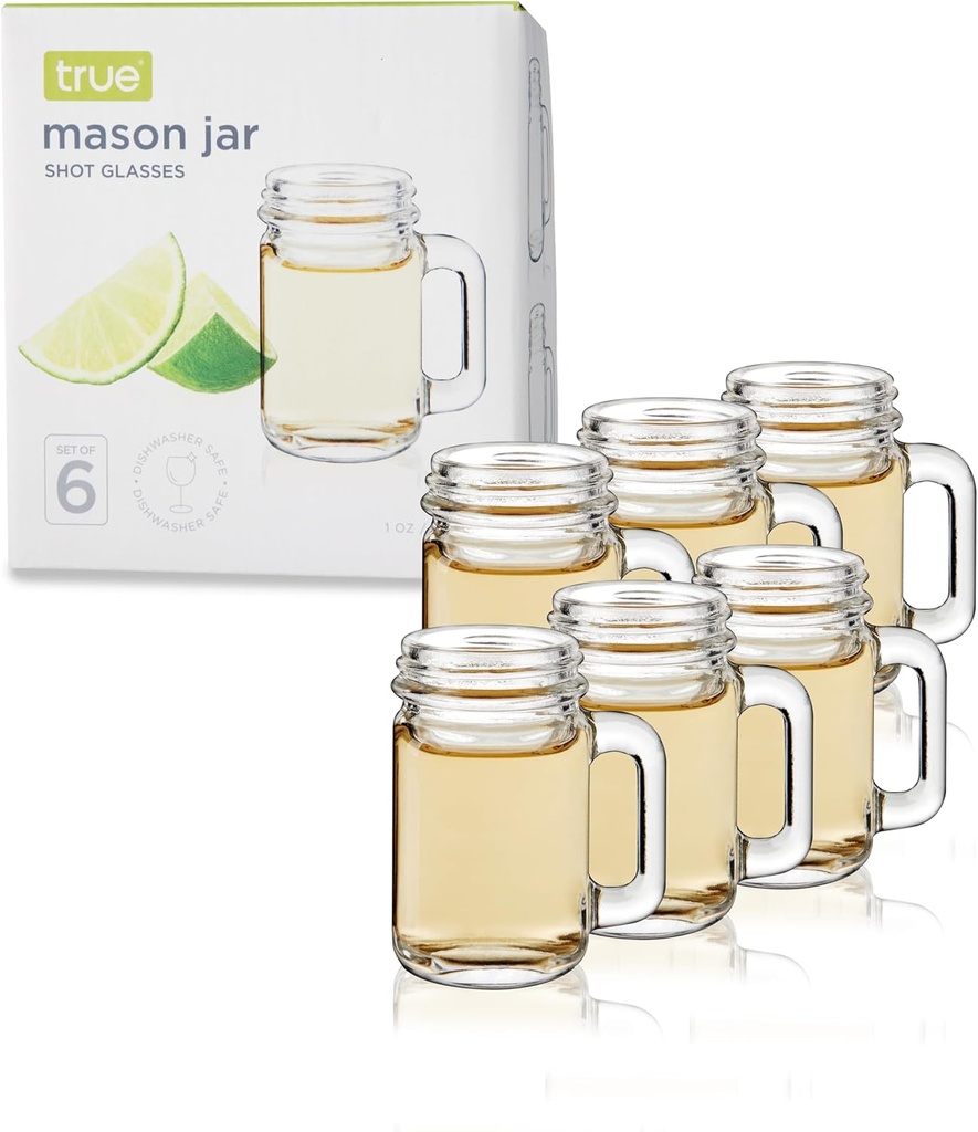 True Mason Jar Shot glasses, Reusable Mini Mason Jar shaped shot glasses with Handles, Party shot cups, Set of 6, 1 oz.