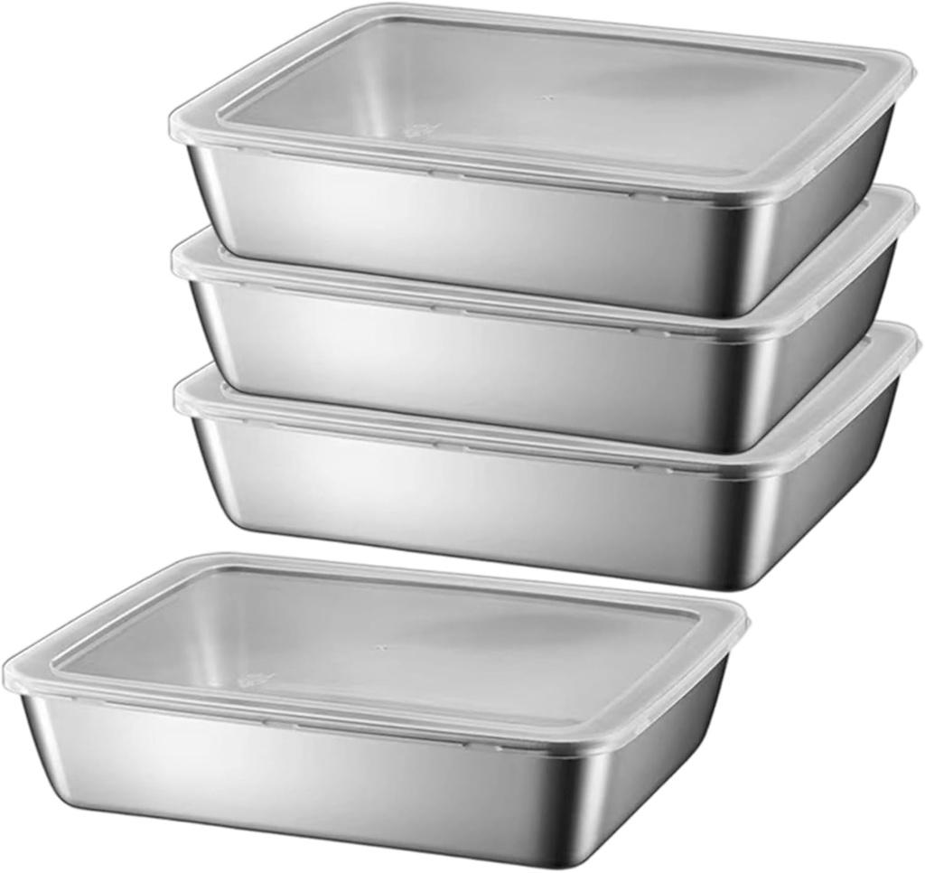 4Pcs Stainless Steel Food Containers, Stackable Food Storage Box with Plastic Clear Lids, Meat Keeper for Refrigerator or Picnic, BBQ Party, Office Lunch Stainless Steel Containers with Lids