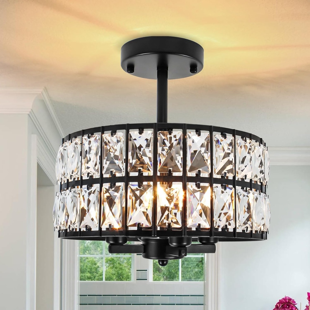 Semi Flush Mount Ceiling Lights Fixture, 4-Light Modern Black Entryway Pendant Light, Crystal Chandelier for Dining Room Bedroom Hallway Kitchen Bathroom