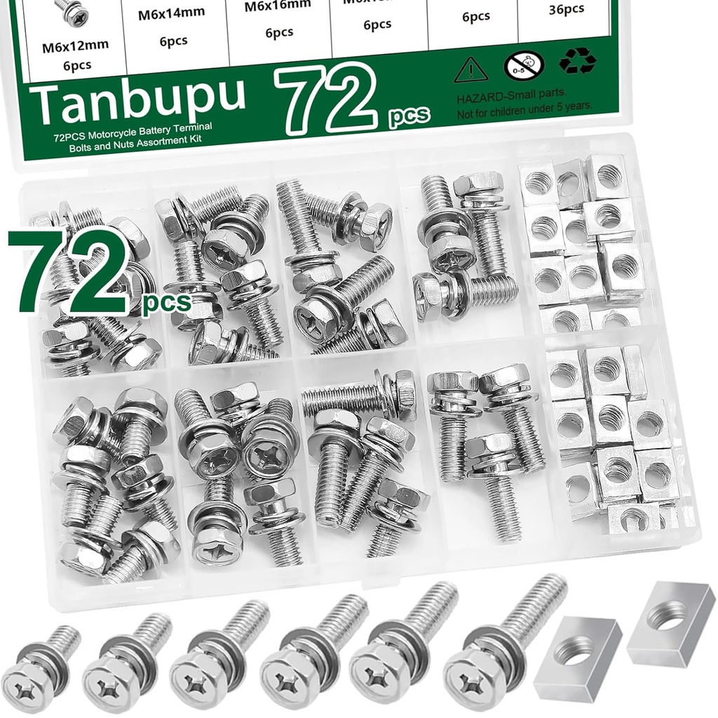 72PCS Motorcycle Battery Terminal Bolts and Nuts Assortment Kit M6*10/12/14/16/18/20mm 304 Stainless Steel Battery Terminal Bolt Screws with Square Nuts for ATV Bike, Motorcycle, Scooter