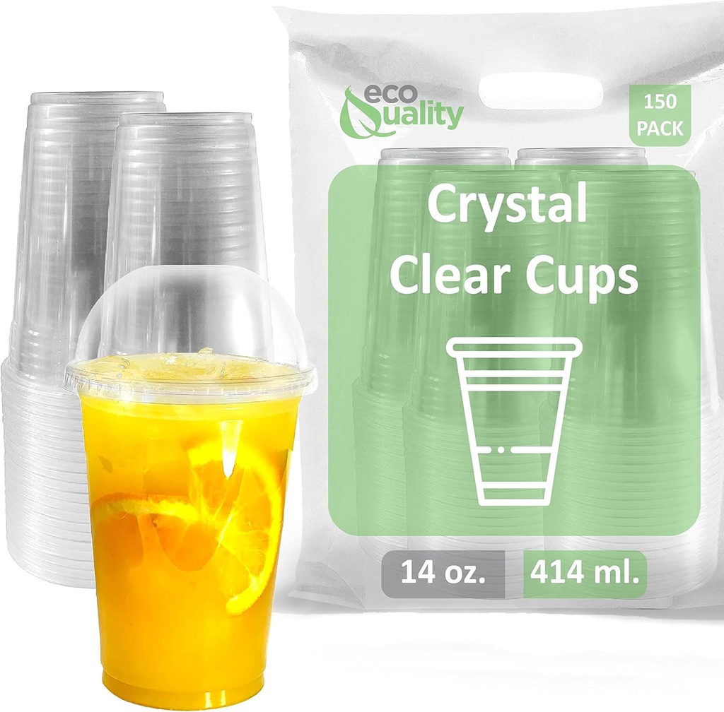 14 oz Cups, 150 Pack | Iced Coffee Go Cups and Dome Lids | Cold Smoothie | Plastic Cups with Dome Lids | Clear Plastic Disposable Pet Cup | Ideal for Coffee, Parfait, Juice, Soda, Cocktail, Party Cups
