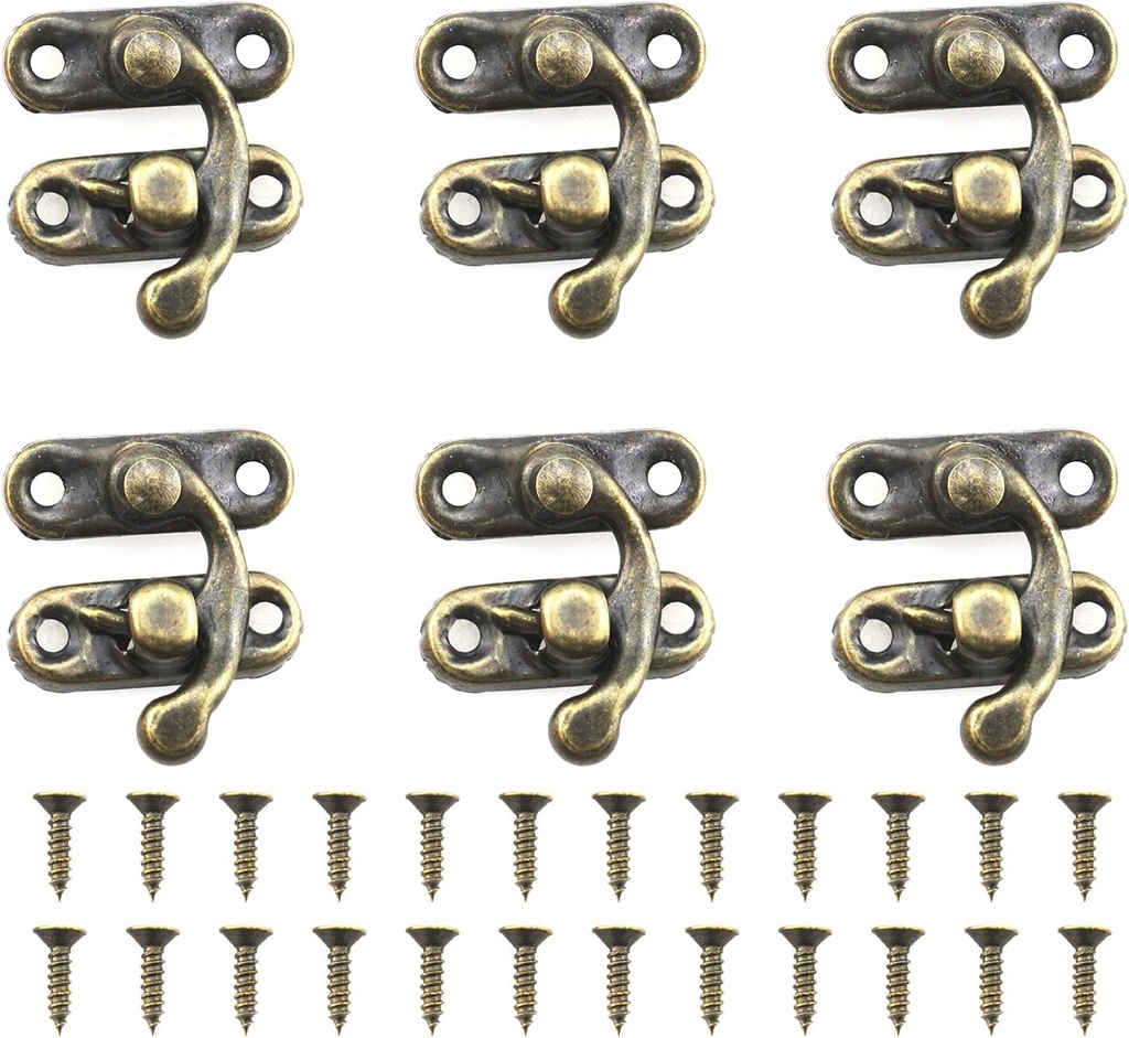 6Set Mini Swing Arm Clasp Latch Vintage Style Left Right Toggle Hasp Hook Metal Catch Curved Buckle with 24 Screws for Suitcase Jewelry Box 27x23mm Bronze