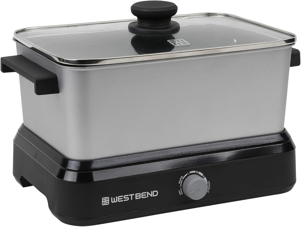 West Bend Versatility Slow Cooker Large Capacity Non-stick Cooking Vessel & Variable Temperature Heating Base Includes Travel Lid and Storage Bag, Range and Oven-Safe Cooking Pot, 6-Quart, Silver