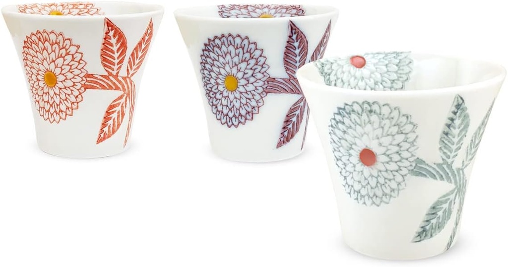 J-kitchens Hasami Pottery Cup (Teacup), Set of 3, Made in Japan, 4.5 fl oz (130 cc), Dahlia S