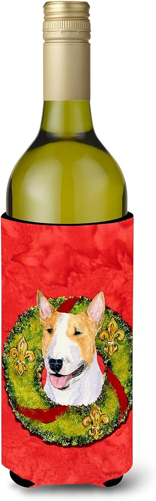 Caroline's Treasures SS4185LITERK Bull Terrier Cristmas Wreath Wine Bottle Hugger Bottle Cooler Sleeve Hugger Machine Washable Collapsible Insulator Beverage Insulated Holder