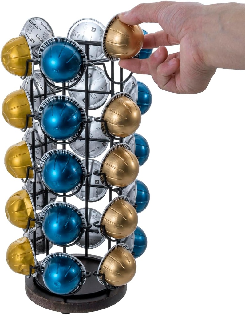 MyGift Modern Coffee Pod Holder Stand for Nespresso Vertuo Capsules in Matte Black Metal Wire Holders and Rustic Burnt Solid Wood Base, Holds 30 VertuoLine Pods