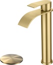 Brushed Gold Vessel Sink Faucet, High Bathroom Sink Faucet, High Waterfall Bathroom Faucet, Single Handle Basin Faucet, Come with Water Hose and Metal Pop Up Drain Without Overflow Hole