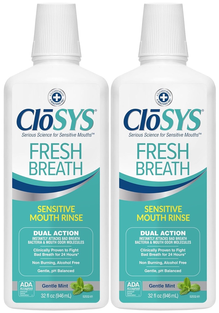 CloSYS Sensitive Mouthwash, 32 Ounce, 2 Count, Gentle Mint, Alcohol Free, Dye Free, pH Balanced, Helps Soothe Mouth Sensitivity, Fights Bad Breath
