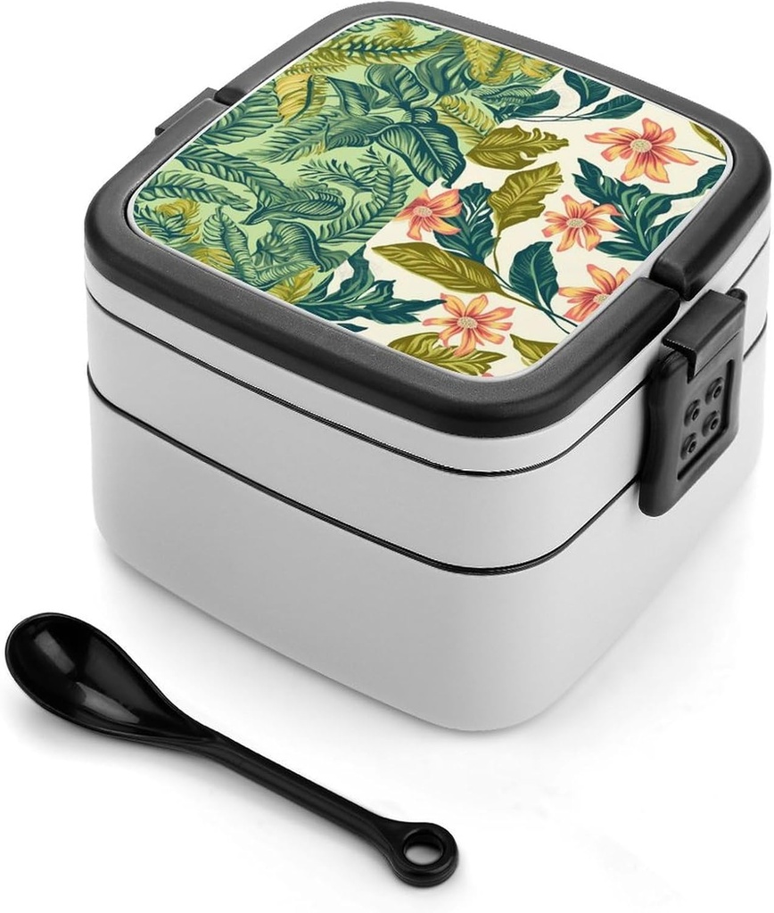Floral Patterns Bento Box Adult Lunch Box All-in-One Lunch Containers with Removable Compartments Double Layer Bento Lunch Box with Spoon And Handle Stackable Lunchbox
