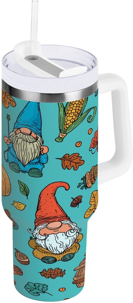 Blueangle 40 oz Autumn Cute Gnomes Tumbler with Handle and Straw Lid, Insulated Cup Reusable Stainless Steel Water Bottle Travel Mug（26）