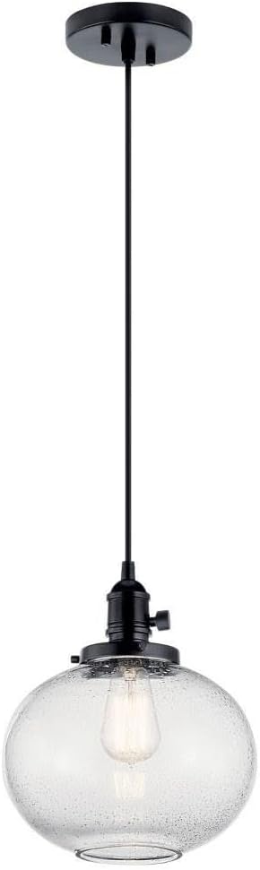 Kichler Avery 9.75" Globe Mini Pendant Industrial 1 Light Mini Pendant Ceiling Light Fixture with Clear Seeded Glass in Black, for Living Room, Bedroom or Kitchen (9.75" x 9.75" x 11.25") 43852BK