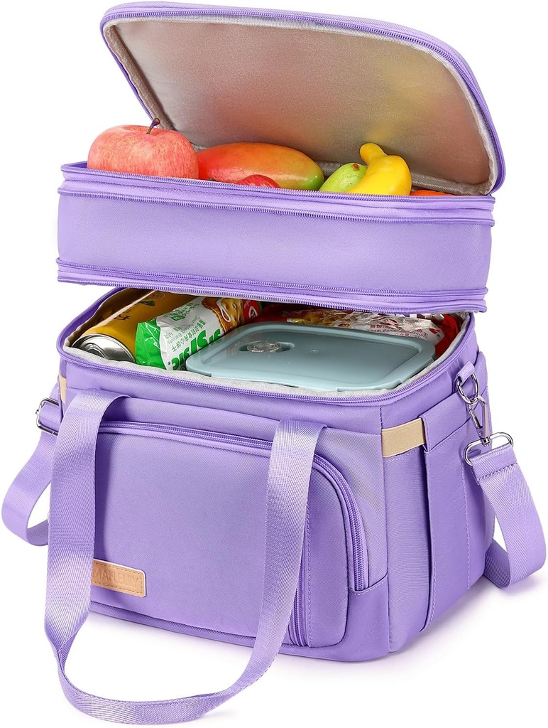Lunch Box for Men Women - Double Deck Insulated Lunch Bag, Large Leak Proof Tote Cooler, Wide Open Dual Compartment Lunch Bags with Shoulder Strap, For Work Picnic Hiking Beach, Purple
