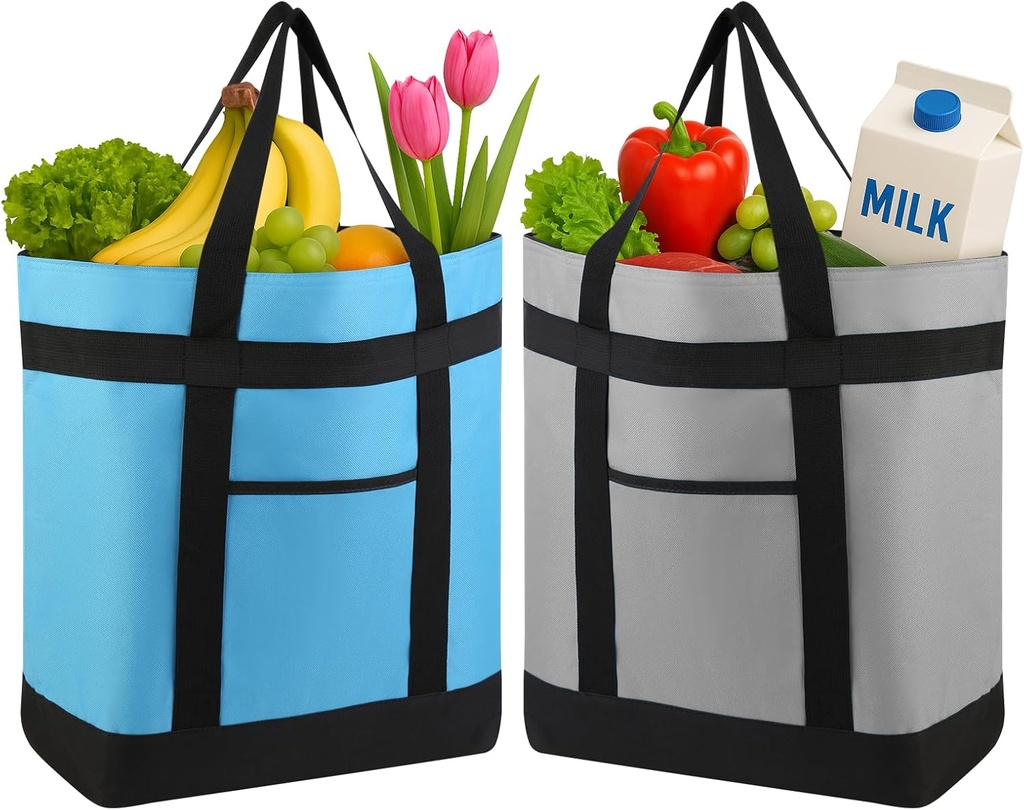 2PK Insulated Grocery Tote Bags, Large Reusable Cooler Bags with Zipper, Leakproof Thermal Shopping Bags for Food Delivery, Beach, Travel, for Uber Eats & Picnic, Collapsible, Grey&Blue