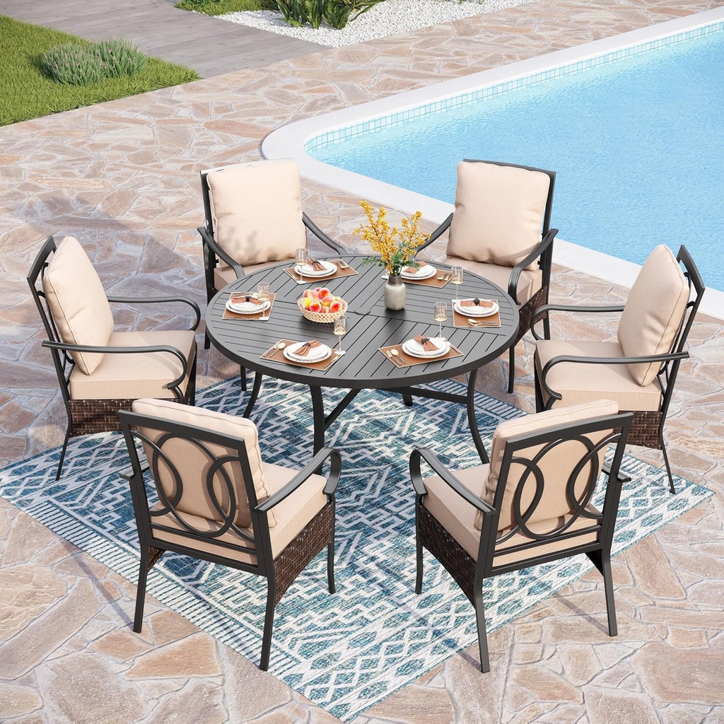 PHI VILLA 7 Pieces Patio Dining Set, Outdoor Round Table and Chairs for 6, 52" Round Dining Table with Umbrella Hole & 6 Heavy Metal Wicker Chairs with Thick Cushions