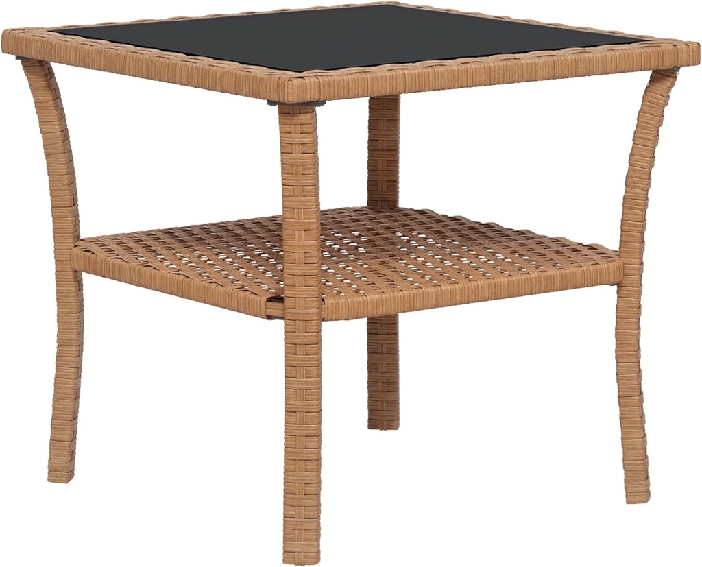 Outsunny Rattan Side Table, Outdoor End Table with Storage Shelf, Aluminum Frame Square, Coffee Table with Tempered Glass Top, Sand