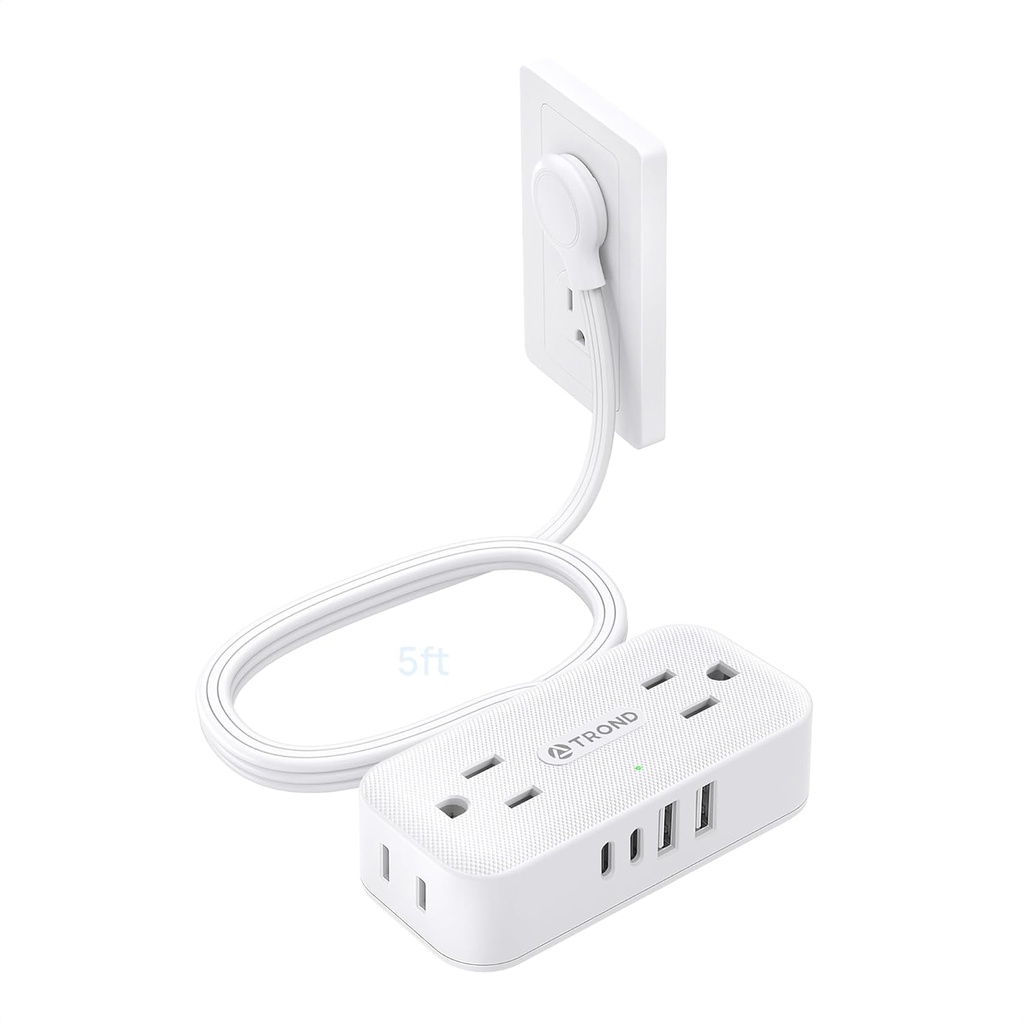 TROND Flat Plug Power Strip 5FT, Small Flat Extension Cord with Multiple Outlets, 4 AC and 4 USB Ports (2 USB C), Wall Mount 900J Surge Protector for Home Office Travel Dorm Room Essentials, White