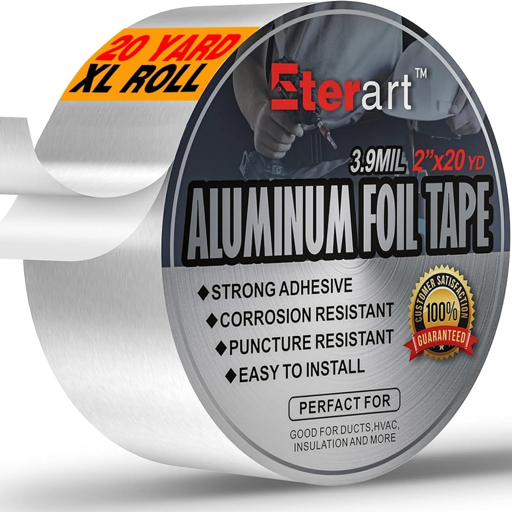 Aluminum Foil Duct Tape Heavy Duty,High Temperature Sealing and Patching,Perfect for HVAC,Air Ducts,Metal Repair,Foamboard,Insulation,Dryer Vent and More,2 Inches x 20 Yards,Silver