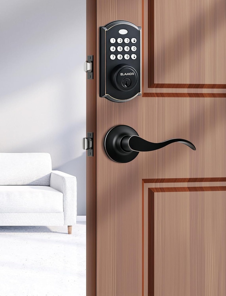 ELAMOR M19 Keyless Entry Door Lock with 2 Lever Handles, Auto Lock, 50 User Codes, Easy-to-Install Smart Door Lock for Front Door, Waterproof Security Handle Set, Home/Hotel Use, ‎Oil Rubbed Bronze