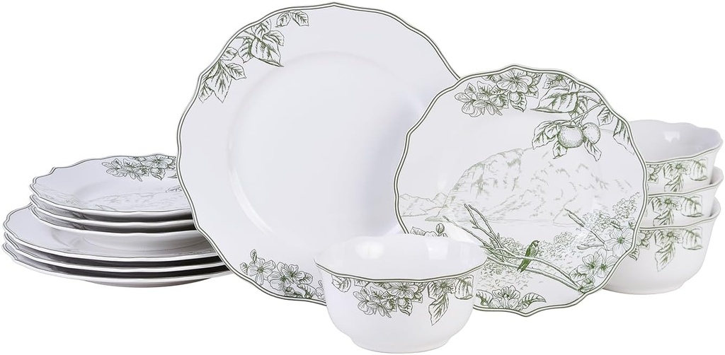 222 Fifth 12-Piece Porcelain Dinnerware Set for 4, Elegant Floral Plates and Bowls Sets-White/Green Ceramic Dishes, Chip Resistant Kitchen & Dining Dish Set, Microwave & Dishwasher Safe, Hudson Valley