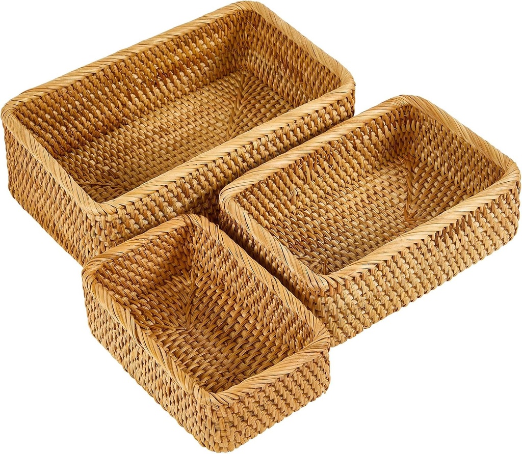 Natural Rectangular Rattan Storage Baskets (Set of 3), Hand Woven Food and Fruit Serving Baskets, Wicker Organizer for Living Room, Bedroom, Kitchen