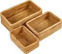 Natural Rectangular Rattan Storage Baskets (Set of 3), Hand Woven Food and Fruit Serving Baskets, Wicker Organizer for Living Room, Bedroom, Kitchen