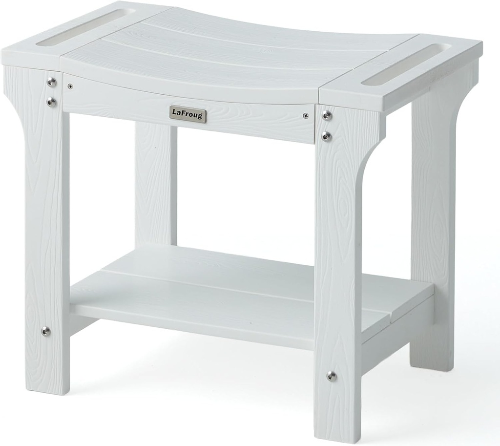 20.5'' Waterproof Shower Stool for Inside Shower, Bathroom Bench for Shaving Legs, HDPS Plastic Spa Bath Chair Seat with Storage Shelf, Foot Rest, Non-Slip, White, Weight Capacity 500LBS